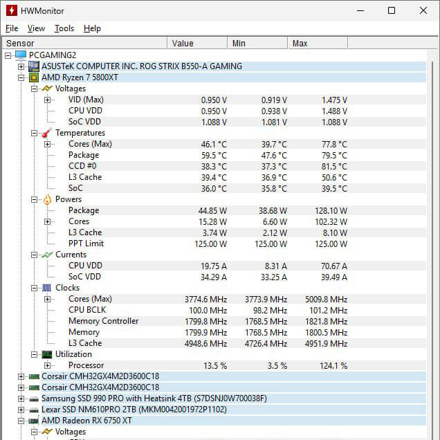 I Rebuilt My Ryzen 7 5800XT Gaming PC From Scratch; Here's What Actually Worked | Smart Tech, Sharp Takes - CRYOVEX.com Hwmonitor screenshot showing a ryzen 7 5800xt running above 90°c before manual pbo tuning and curve optimizer adjustments.