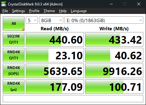 Samsung 990 2TB Review: A Fast PCIe 4.0 SSD | Smart Tech, Sharp Takes - CRYOVEX.com Crystaldiskmark 9 benchmark for the samsung 990 2tb in a usb enclosure, showing 440. 60 mb/s read and 433. 42 mb/s write speeds.