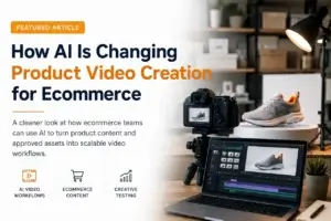 AI Product Video Creation for Ecommerce: What’s Changed | Smart Tech, Sharp Takes - CRYOVEX.com Ai product video creation for ecommerce showing a camera, product photography setup, laptop video editor, and ecommerce shoe content.