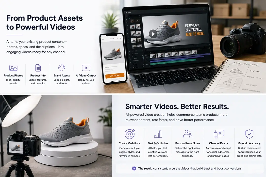 AI Product Video Creation for Ecommerce: What’s Changed | Smart Tech, Sharp Takes - CRYOVEX.com Ai product video creation workflow showing product inputs, ai generation, editing, human review, and publishing across ecommerce channels.