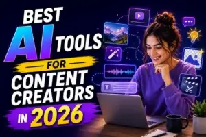 Best AI Tools for Content Creators in 2026 | Smart Tech, Sharp Takes - CRYOVEX.com A creator working on a laptop surrounded by digital icons and text reading best ai tools for content creators in 2026.
