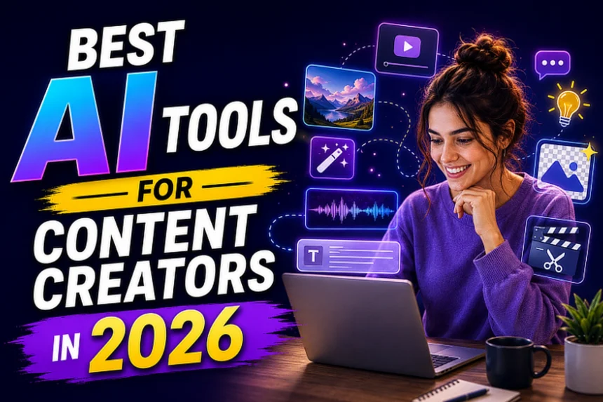 A creator working on a laptop surrounded by digital icons and text reading best ai tools for content creators in 2026.