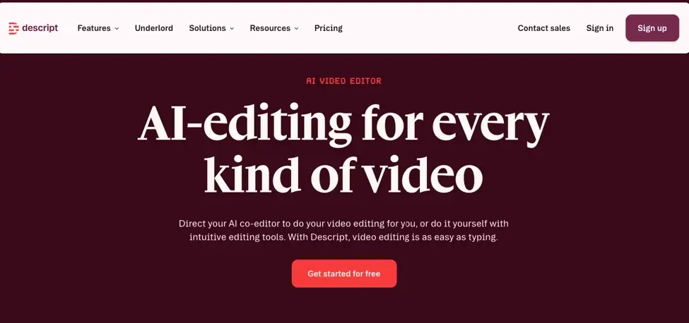 Best AI Tools for Content Creators in 2026 | Smart Tech, Sharp Takes - CRYOVEX.com Descript video editor interface showing text transcript timeline editing alongside synced video preview.