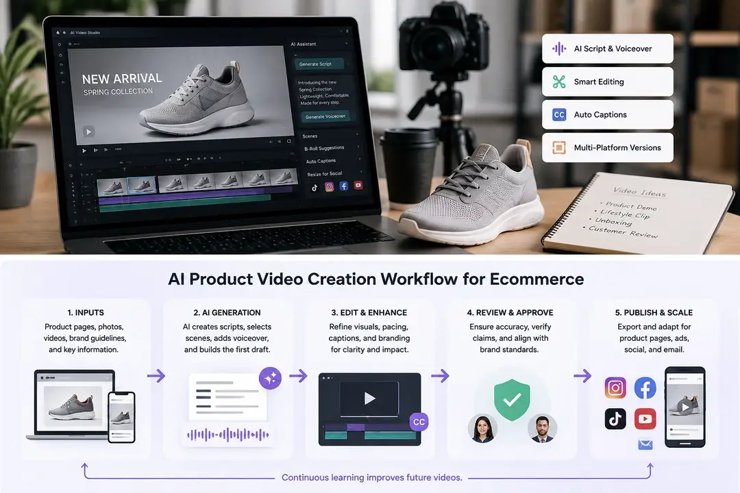 AI Product Video Creation for Ecommerce: What’s Changed | Smart Tech, Sharp Takes - CRYOVEX.com Ecommerce product photos, product information, and brand assets being transformed into ai-assisted video content for testing and multiple channels.