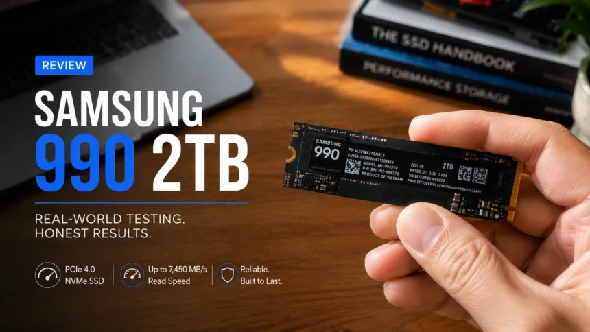 Samsung 990 2tb pcie 4. 0 nvme ssd held during hands-on testing for this real-world performance review.