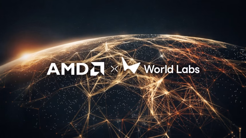 Amd logo alongside conceptual graphics of 3d simulation and robotic infrastructure