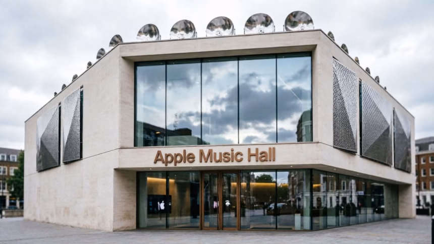 Interior view of the apple music hall showing heritage brickwork and bronze balconies at battersea power station