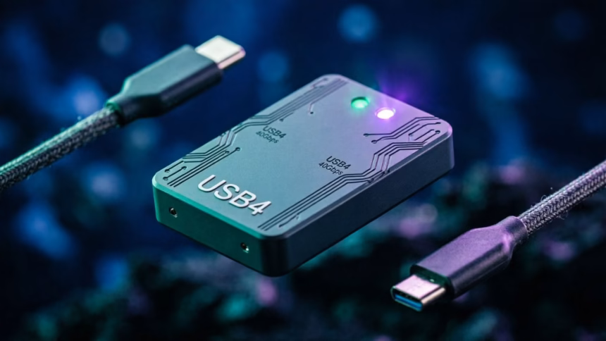 Cable Matters USB4 KVM Switch Simplifies Dual-Laptop Workflows at 40 Gbps | Smart Tech, Sharp Takes - CRYOVEX.com Cable matters 40 gbps usb4 kvm switch connected to two laptops and a monitor