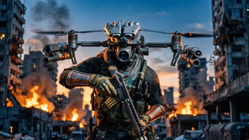Conceptual artwork depicting tactical combat in a modern warfare setting