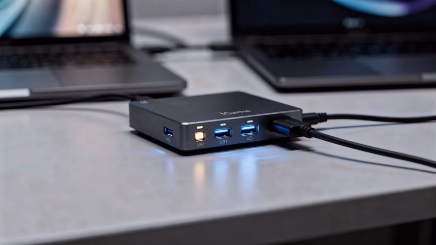 Colorful igame guard g114 140 w gan charger with futuristic starship design and digital display
