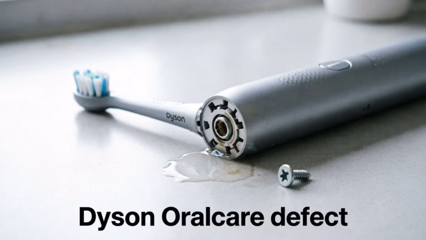 Dyson oralcare toothbrush sitting on a bathroom counter next to its charging base