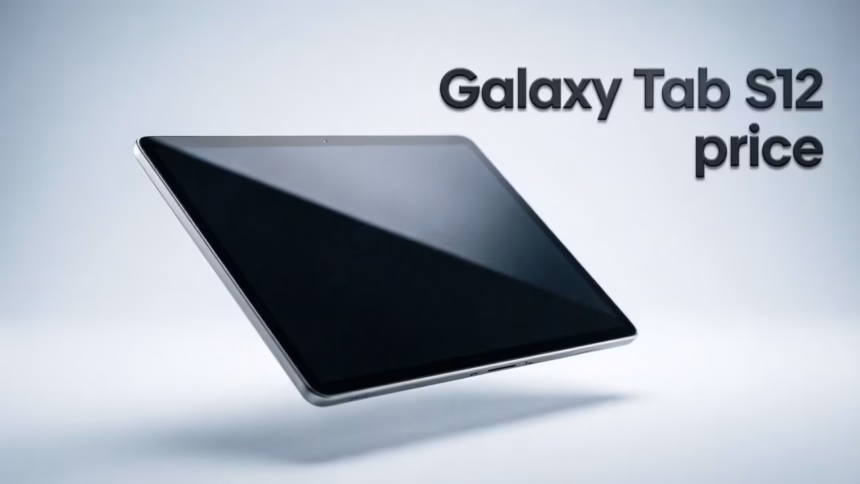 Promotional graphic showing rumored pricing details for the samsung galaxy tab s12 series in indian rupees.