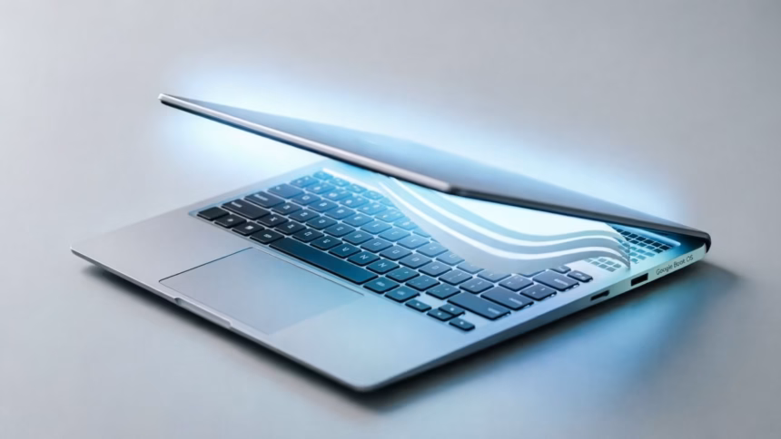Google confirms select Chromebooks will transition to Googlebook OS | Smart Tech, Sharp Takes - CRYOVEX.com Google logo displayed on a laptop screen representing the transition to googlebook os