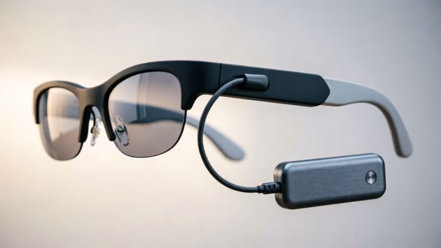 Conceptual rendering of sleek smart glasses with a thin cable connecting to a separate wearable battery pack.