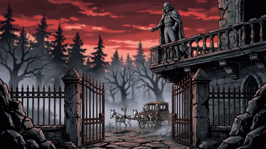 Promotional artwork for the original 1986 castlevania game featuring simon belmont