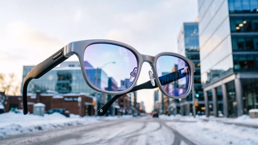 Meta Ray-Ban Display glasses launch in Canada for $1,149 after delays | Smart Tech, Sharp Takes - CRYOVEX.com A pair of meta ray-ban display smart glasses resting on a wooden surface, showcasing the sleek frame and integrated camera module.