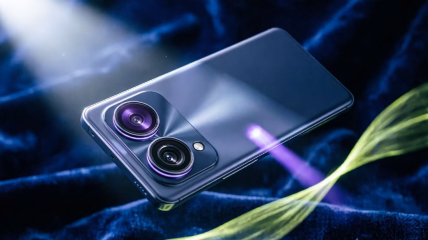 Oppo a7 pro max smartphone in surfing blue color variant showing the rear camera module and sleek design profile