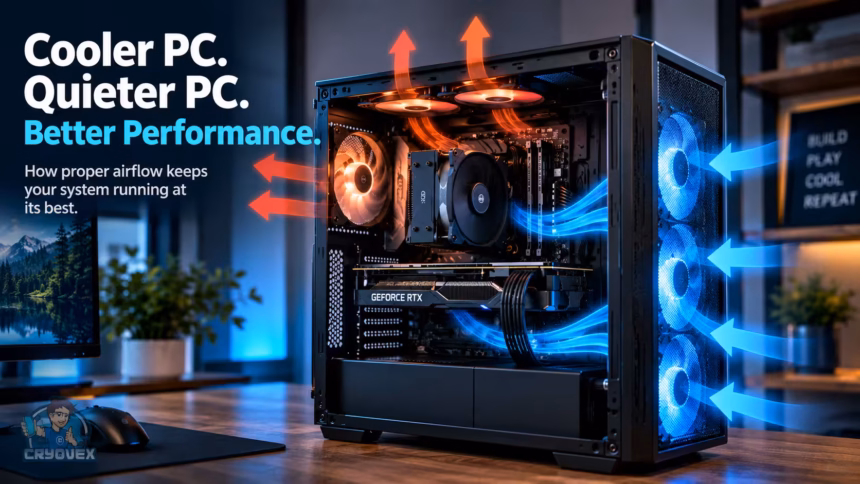 How Proper Airflow Keeps Your PC Running Cooler and Quieter | Smart Tech, Sharp Takes - CRYOVEX.com Proper pc airflow with cool air entering through intake fans and hot air leaving through exhaust fans