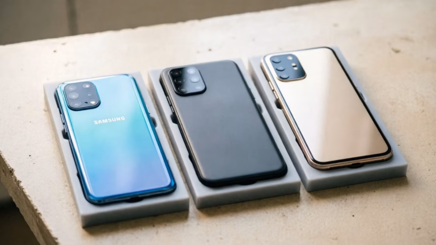 Render of samsung galaxy a08 smartphone showing front and back design