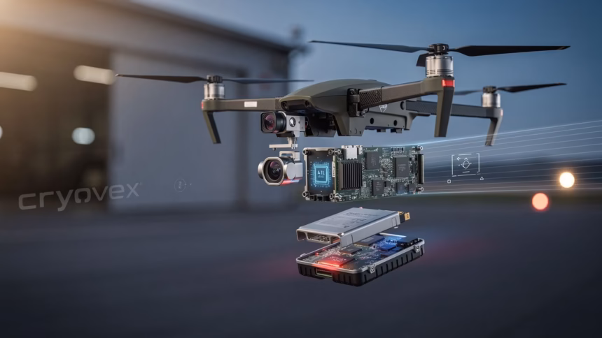 Scaleout’s Tiny AI Lets Drones Spot and Strike Targets on Their Own | Smart Tech, Sharp Takes - CRYOVEX.com A small quadcopter with a camera lens, overlaid by a schematic of an ai model processing visual data.