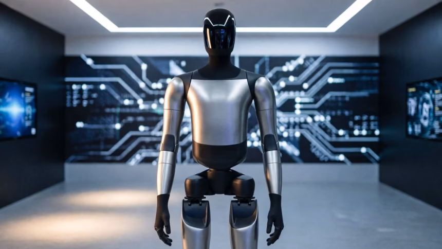 Tesla Optimus Training Resistance Highlights Human-Robot Workplace Tensions | Smart Tech, Sharp Takes - CRYOVEX.com A tesla optimus humanoid robot standing in a factory setting near assembly line equipment.