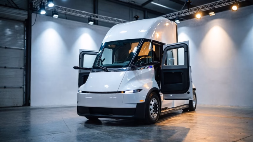 Tesla semi electric truck on a highway near a charging station