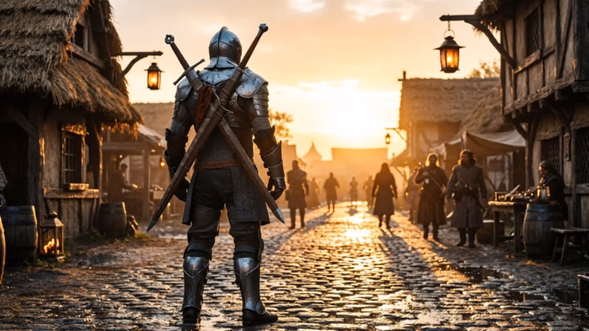 A screenshot from the witcher 3 showing a landscape scene with bright, washed-out lighting effects.