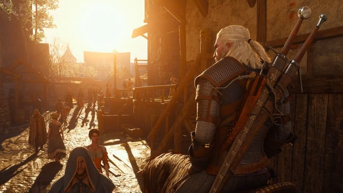 A screenshot from the witcher 3 showing a landscape scene with bright, washed-out lighting effects.