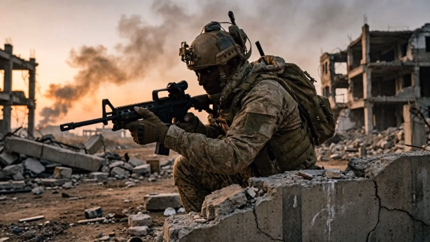 A call of duty operator standing in a tactical stance against a blurred battlefield background