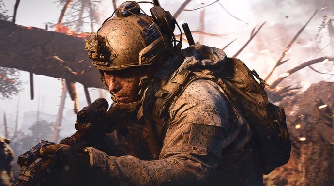 A call of duty operator standing in a tactical stance against a blurred battlefield background
