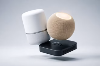 Conceptual rendering of apple's upcoming smart home hub alongside homepod mini and apple tv 4k
