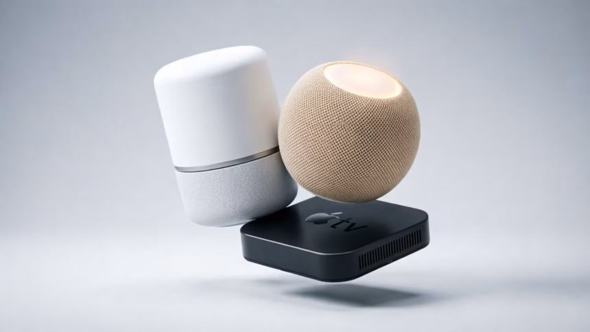 Apple Confirms October 13 Event for New Smart Home Hub, HomePod Mini, and Apple TV 4K | Smart Tech, Sharp Takes - CRYOVEX.com Conceptual rendering of apple's upcoming smart home hub alongside homepod mini and apple tv 4k
