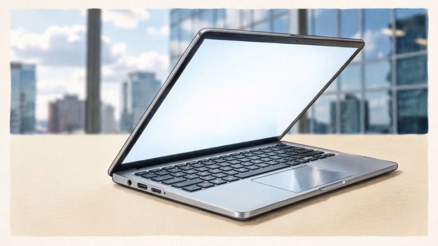 Asus googlebook 14 laptop showing its thin profile and textured chassis