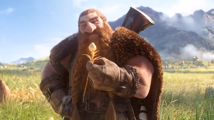 Bearded dwarf character examining a flower in a meadow from world of warcraft: forever trailer