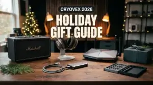 Cryovex 2026 holiday tech gift guide featured banner showcasing audio gear, gaming routers, and pc accessories on a reviewer studio desk.