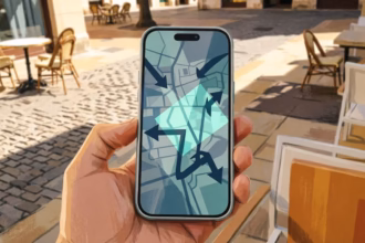 Close-up view of a smartphone screen displaying the google maps interface with several purple location pins visible among other colored markers