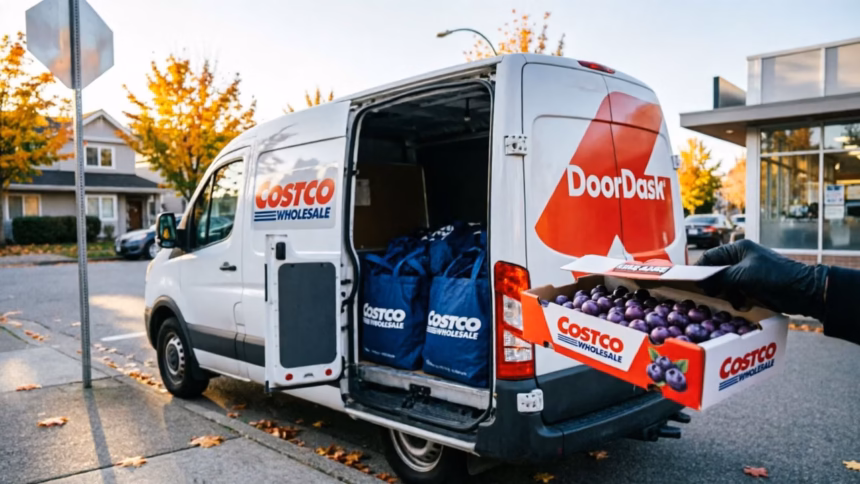 DoorDash Launches Costco Delivery in Canada | Smart Tech, Sharp Takes - CRYOVEX.com A costco store exterior with a doordash delivery driver nearby