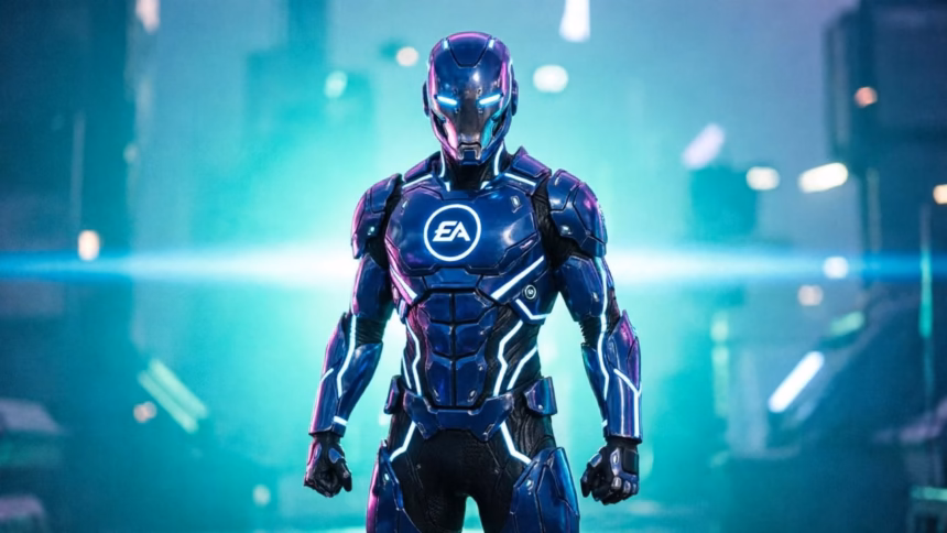 Electronic arts logo displayed on a computer screen with news headlines in the background