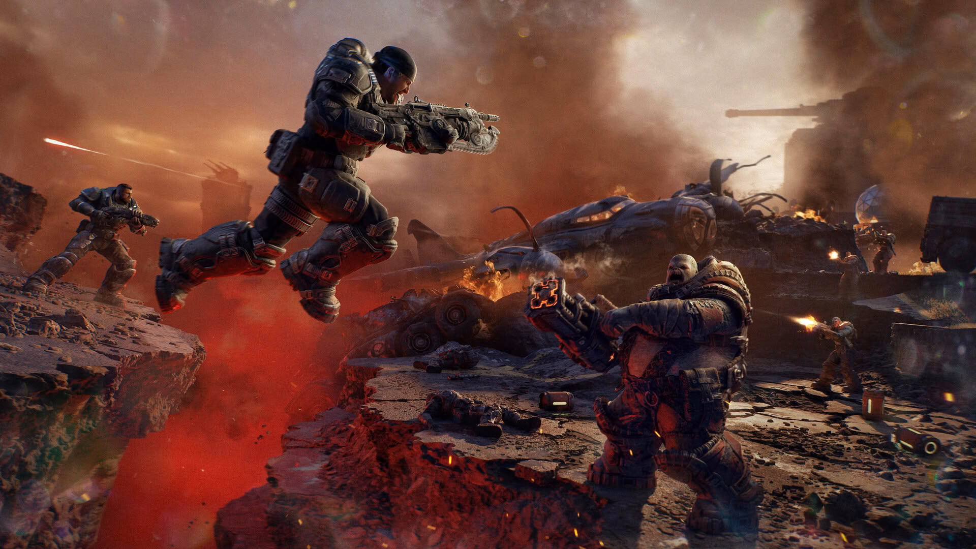Gears of War: E-Day Launches Tuesday as Xbox Franchise Origin Story | Smart Tech, Sharp Takes - CRYOVEX.com Concept art depicting marcus fenix and dominic santiago facing the locust horde in a gritty battlefield setting
