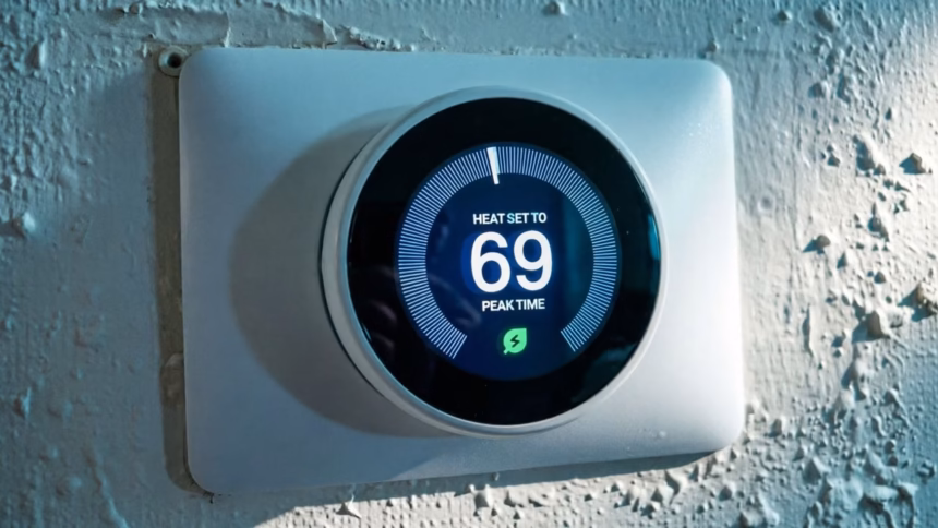 Close-up view of a google nest thermostat display showing a green leaf icon illuminated on the screen