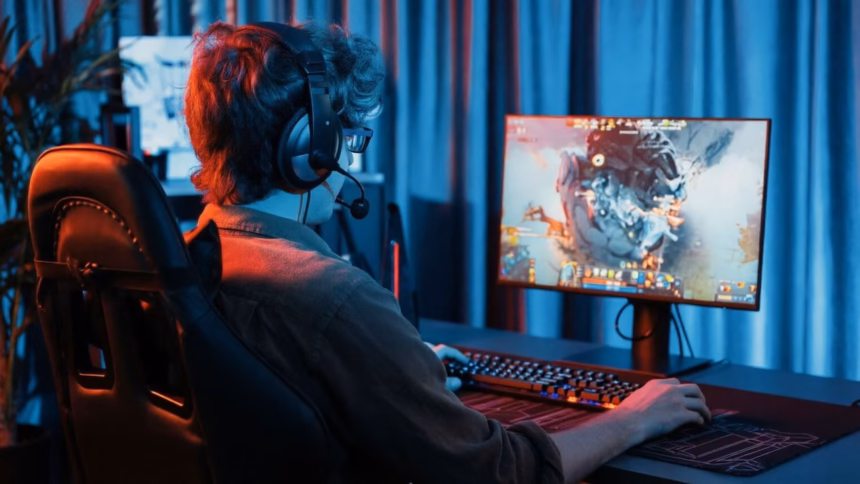 Close-up of a gaming monitor displaying vibrant colours and sharp text on a dark background