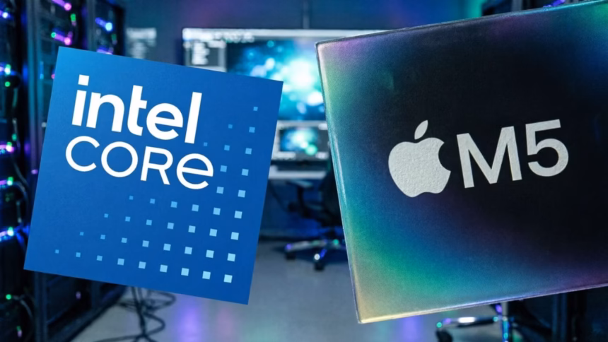 Intel vs. Apple M5: Benchmarking the Silicon Gap | Smart Tech, Sharp Takes - CRYOVEX.com Side-by-side visual of an intel processor die and an apple silicon chip on a circuit board background.