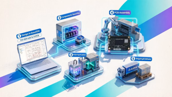 JLCPCB and EasyEDA Streamline PCB Prototyping by Unifying Design, Sourcing, and Assembly | Smart Tech, Sharp Takes - CRYOVEX.com Schematic view of a printed circuit board design software interface showing component placement and routing traces