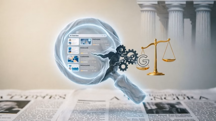 Judge Dismisses Antitrust Lawsuits Over Google AI Overviews | Smart Tech, Sharp Takes - CRYOVEX.com Graphic representation of google search interface displaying an ai overview summary box above organic search results
