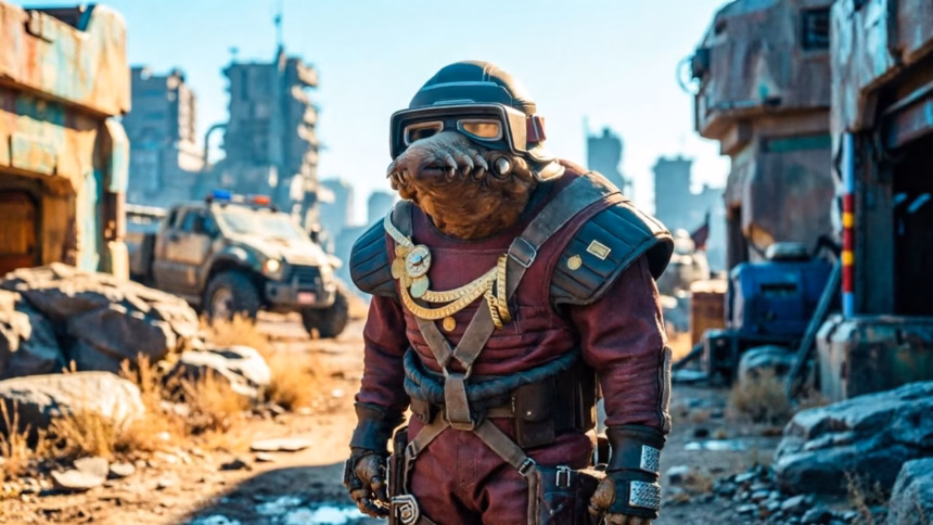 Concept art depicting a diverse array of small game studios pitching to lucasfilm executives