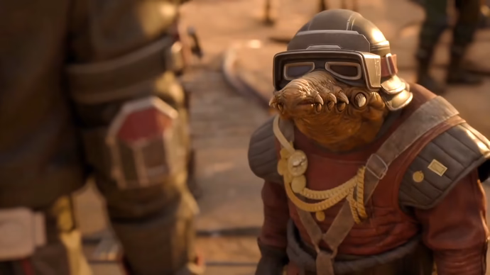 Concept art depicting a diverse array of small game studios pitching to lucasfilm executives