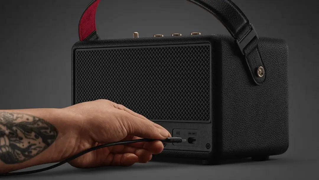 Marshall Kilburn III Review: Incredible Sound, Retro Style | Smart Tech, Sharp Takes - CRYOVEX.com Rear view of the marshall kilburn iii portable bluetooth speaker showing a usb-c cable being connected, the 3. 5mm aux input, black textured cabinet and carrying strap.