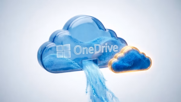 Microsoft logo on a laptop screen displaying cloud storage interface
