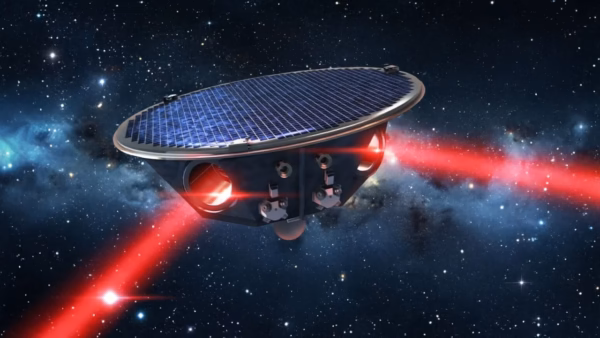 Artist's impression of three spacecraft forming a triangular formation in deep space for gravitational wave detection