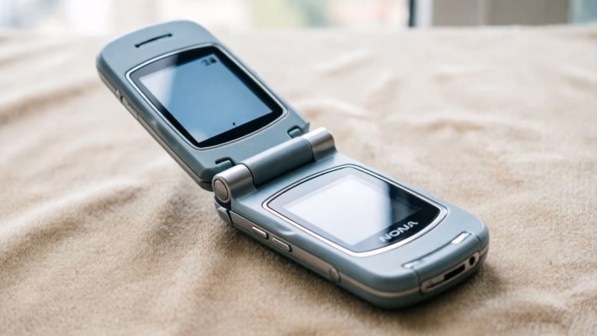 A black nokia 2360 flip feature phone shown open, displaying its inner screen and keypad.